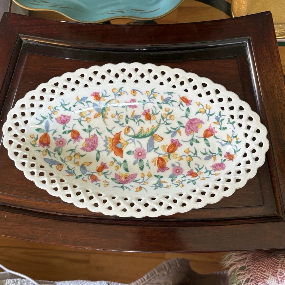 Vintage Retriculated Lace Rim Oval Dish Bright Happy Flowers 10